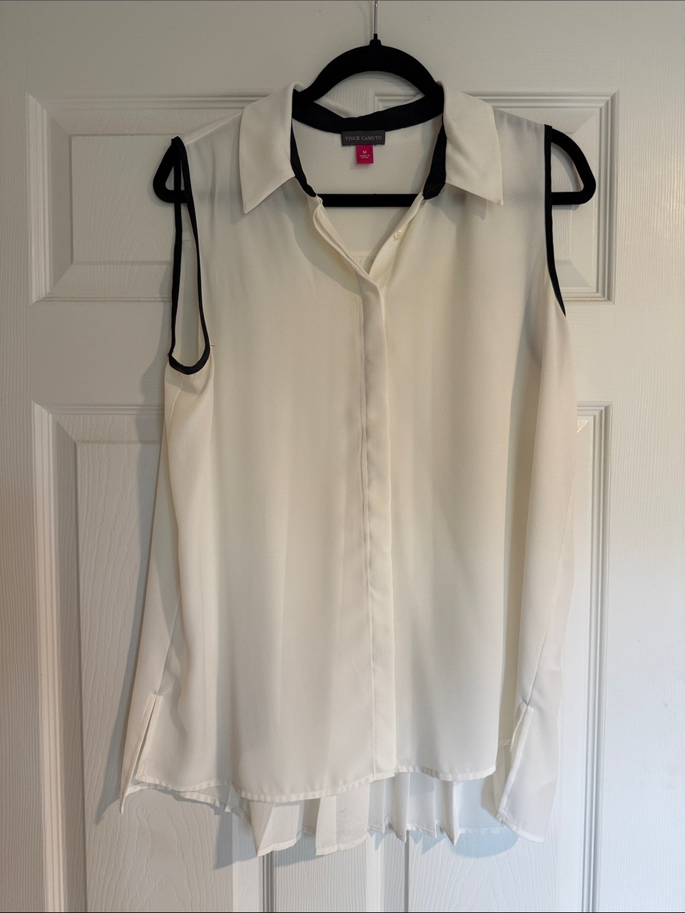 Vince Camuto White Sleeveless Blouse with Black Trim & Pleated Back
